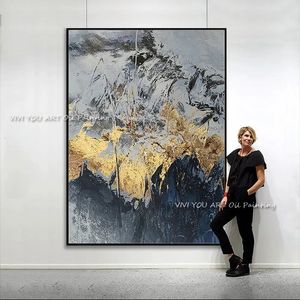 絵画大規模100％ハンドペイントモダンな抽象油絵オリジナルゴールドマウンテン絵画ホームウォールテクスチャアート231010