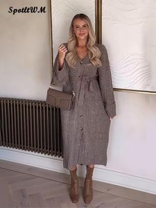 Casual Kleider Elegante Einreiher Rippe Stricken Lange Kleid Frauen Übergroßen V-ausschnitt Hülse Robe Mit Gürtel 2023 Herbst Weibliche Vintage