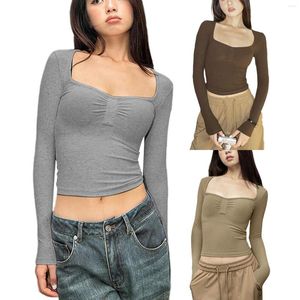 Mulheres Camisetas Mulheres Manga Longa Slim Crop Tops Cor Sólida Pescoço Quadrado Camisetas Primavera Outono Casual Básico Streetwear