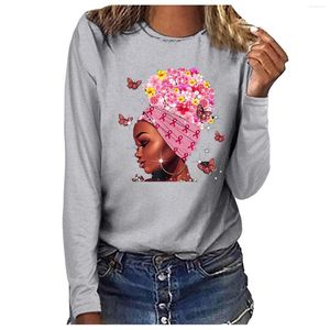 Mulheres Camisetas Mulheres Negras Africanas Imprimir Conscientização do Câncer de Mama T-shirt Femme Moda Bonito Dos Desenhos Animados Camiseta 2023 O-pescoço Manga Longa Tops
