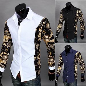 Nuovo 2016 nero e oro camicie eleganti camicia bianca stampata barocca uomo abiti estivi camicette slim fit chemise vestiti economici China296O