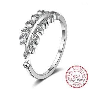 Anéis de cluster 925 prata esterlina pena abertura anel pavimentar configuração cz ramo de oliveira folhas ajustáveis para mulheres jóias finas BSR469-E