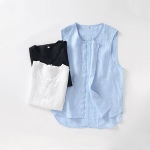 Herrtankstoppar 036 Summer Fashion Linen Vest Solid Color Sleeveless Single Breasted Stand Collar Simple Casual Loose Waistcoat Basic