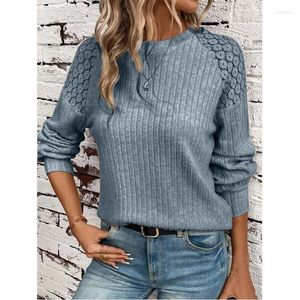 Women's T Shirts 2023 Casual T-shirts Summer Autumn Women Knit Blouse Shirt Hollow Lace Long Sleeves Round Neck Elegant Solid Color Pullover