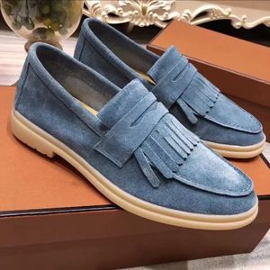 Högkvalitativ Loros Shoes Suede Leather Mens Kvinnor Loropiana Walk Sneakers Stansning Tassels Lock Designer Flats Lägenheter Klänning Sko Officiellt plus storlek 35-46