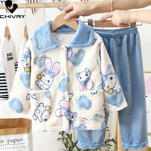Pajamas Kids Winter Soft Flannel Pajamas Clothing Sets Boys Girls Cartoon Thicken Warm Lapel Tops with Pants Pyjamas Sleepwear 231010