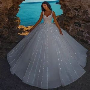 2023 shiny Tulle Wedding Dresses bling Elegnat Bridal Gowns luxury Illusion Beautiful A Line Neckline Appliques Custom Made blingbling ball gown princess dress
