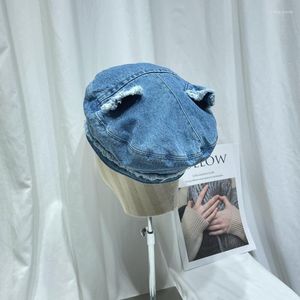 Berets 2023 Autumn Denim Cute Ear Design Beret Hat Women Korean British Retro Artist Street Girls Party Cap Painter