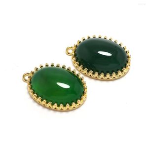 Charms 2pcs Crown Pendant Green Stone Inlaid 24K Gold Color Plated Brass Natural Necklace Findings Oval Faceted