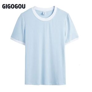 حياكة النساء المحملات Gigogou الأساسية متماسكة يا رقبة قصيرة الأكمام تي شيرت امرأة رفيعة احتواء Tshirt الضيقة TEE TEET RETRO TOPS 6 COLORS SIGHT S-3XL 231011