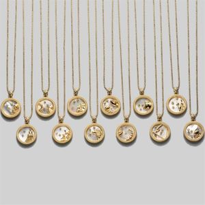 Pendanthalsband 925 Sterling Silver 12 Zodiac Necklace Shell Round Coin Constellation for Women Jewelry Party Gift294o