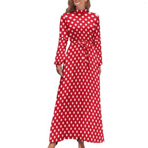 Casual Dresses Red and White Polka Dot Dress High Neck Retro Print Design Beach Long Sleeve Street Wear Maxi Kawaii kläder