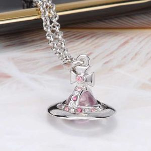 Fashion Designer jewelry for women Viviene Westwood Empress Dowager Pink Earth Planet Diamond Necklace Women's Personality Simple Glass Ball Pendant Sweater Chain
