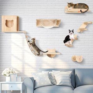 Kattmöbler Scratchers 1 Piece Cat Wall Climbing Shelf Cat Tree Wood Ladder and Hammock Scratching Post för kattslipande klor och spelar möbler 231011