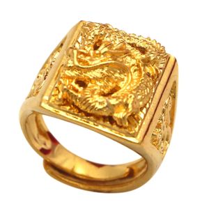 Pierścień Solitaire 24k czyste żółte złoto dla mężczyzn luksusowe gniowanie smoka regulowane pierścienie dżentelmen przyjęcie weselne biżuteria trend prezentowy 231011