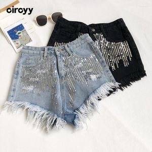 Shorts femininos circyy lantejoulas denim para mulheres 2023 verão cintura alta perna larga calças soltas moda vintage rebarba brilhante roupas femininas