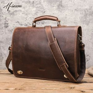 Pastas vintage couro genuíno homens maleta para portfólio de negócios documento laptop 15,4 polegadas mala de ombro masculino mensageiro saco 231011