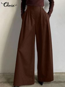 Calças femininas Celmia casual cor sólida pantalon solto cintura elástica calças compridas mulheres perna larga 2023 moda escritório senhora oversized