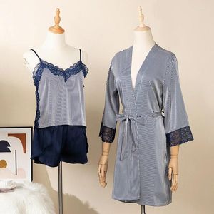 Casa roupas femininas pijamas listrados rendas sexy 3 pçs pijamas conjunto primavera verão cetim robestrap topshorts sono solto homewear