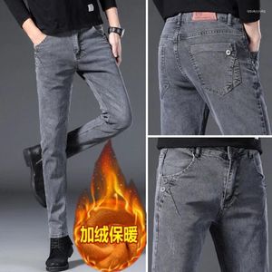 Mäns jeans hösten/vinter rakt ben plus sammet tjock stretch värme koreansk version av smala byxor ungdom casual affär