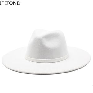 Wide Brim Hats Bucket Hats 9.5CM Women Men Big Wide Brim Imitation Wool Fedora Hat British Style Winter Gentleman Elegant Lady Jazz Church Hats 231010