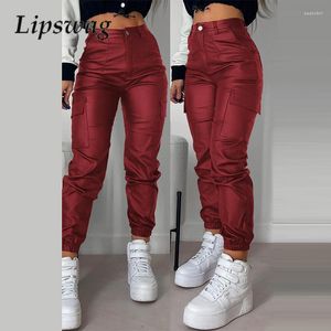 Women's Pants Elegant Skinny Hip Casual Zipper Pocket Solid Pencil Autumn Fashion Street Leather High Waist Button
