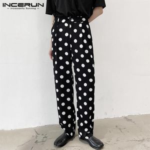 Calças casuais masculinas moda polka dot impresso calças incerun primavera botões fundos retos masculino lazer zíper patalones S-5XL me259j