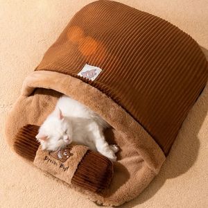 Cat Beds Furniture Cat Bed Winter Removable Warm Half Closed Pet Sleeping Bag Dog Bed House Cats Nest Cushion with Pillow 231011