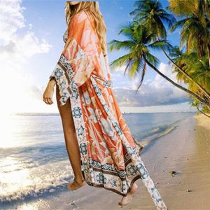 Strandklänning omslag för kvinnor baddräkt cover-ups kimono blus baddräkt cardigan 2021 blommor kran tryck strandkläder coverup x296g