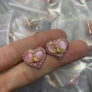 18K Gold Luxury West Wood Sweet Love Heart Designer Earrings Studs Sweet Pink Bling Diamond Crystal Star Charm Ear Rings Earring Earings Bracelets Necklaces Jewelry