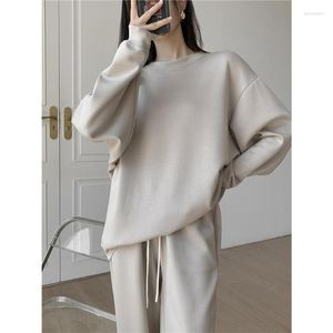 Women's Pants Two Piece Outfits Matching Set V Neck Long Sleeve Hoodie Pullover Tops och Wide Leg Tracksude Set