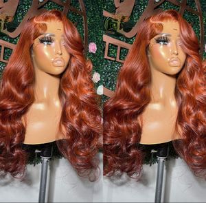 13x4 Ginger Body Wave Human Hair Spets Frontal Wig Black/Red/Blue HD Transparent spets frontala peruker Syntetiska spets peruker för kvinnor