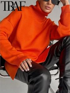 Women's Sweaters TRAF Winter Women Long Sleeve Knit Sweaters Vintage Turtleneck Loose Jumper Female Oversize Elegant Pullovers Orange Tops 231010