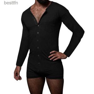 Men's Sleepwear 2023 Sexy Pajamas Jumpsuit Men Solid Color Tight O Neck Long Sleeve T Shirt and Shorts New One-piece Buttons Home ClothesL231001