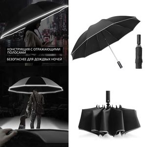 Umbrellas UV Automatic Umbrella With Reflective Strip Rain Wind Resistant Trip Sun Reverse Umbrellas Folding Umbrella For Drop Ship 231010