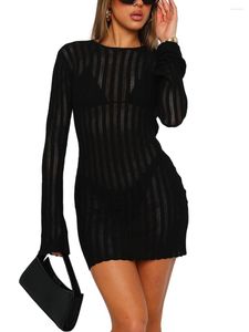 Casual Dresses Women Sexy Crochet Knitted Dress Long Sleeve Deep Neck Patch Color Cover Up Beach Sunscreen Cutout Midi Smock