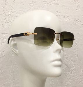 Randlose Holz-Tempel-Sonnenbrille, grüne Verlaufsgläser, Vintage-Brille, 0047, Herren-Designer-Sonnenbrille, UV400-Brille mit Box