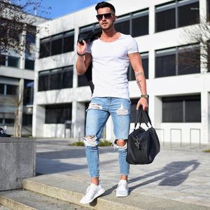 Herren Jeans Denim Hosen Stretch Destroyed Ripped Design Mode Knöchel Reißverschluss Skinny Für Männer Plus Größe