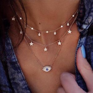 Vintage Gold Color Crystal Water Drop Star Eye Pendant Necklace For Women Boho Charm Layered Halsband Halsar 6384176L