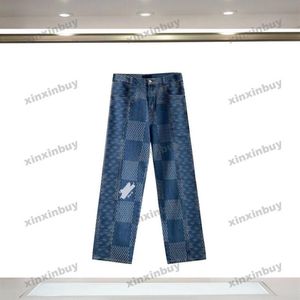 Xinxinbuy homens mulheres designer pant xadrez destruído jacquard carta bordado jeans lavados calças casuais preto azul S-2XL303W