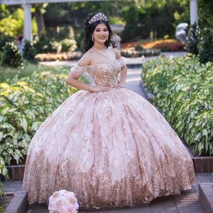 Розовое блестящее платье Quinceanera с бусами и аппликациями Вечернее платье Вечернее платье с открытыми плечами и рукавами Бальное платье Quinceanera