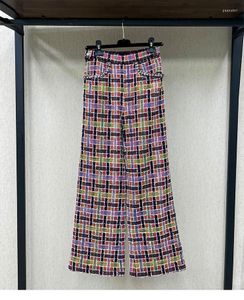Women's Pants High Rise Wide Leg Waist Colorful Woven Soft Tweed Micro Ragged