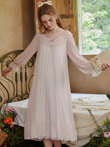 Mulheres sleepwear mulheres francês outono malha fada camisola nobre romântico vitoriano rosa solto noite vestido vintage princesa babados