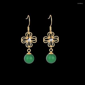 Dangle Earrings Green Jade Flower Amulet Vintage Women Gemstone Jewelly Luxury Amulet