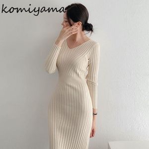 Sıradan Elbiseler Komiyama Yüksek Bel Bodycon Vestidos Mujer V-Nec Uzun Kollu Elbise Sonbahar Örme Kadınlar Elagant Feminino Ropa