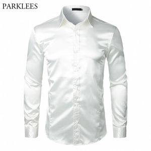 Stylish White Silk Satin Shirt Men Chemise Homme Casual Long Sleeve Slim Fit Mens Dress Shirts Business Wedding Male Shirt 20092520s