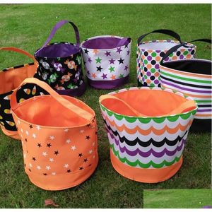 Partybevorzugung Halloween-Eimer Polka Dot Bat Gestreifte Polyester-Süßigkeitssammeltasche Süßes oder Saures Kürbistaschen 12 Designs C199 Home Gar Dhjk2