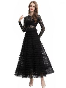 Casual Dresses Fashion Spring Autumn Women's Slim Cascade Ruffle Black Lace Celebrity Party Elegant Unique High Quality Long Dress