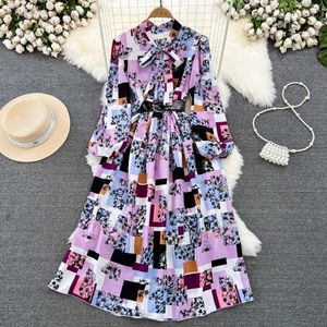 Casual Dresses Spring And Autumn Seasons Luxury Light Long Sleeve Bow Tie Up Waist Wrapping Slim A-line Printing Large Swing