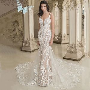 Deep V-Neck Wedding Dresses Lace Appliques Sleeveless Sexy Mermaid Bride Gown Backless Zipper Train Vestidos De Noiva